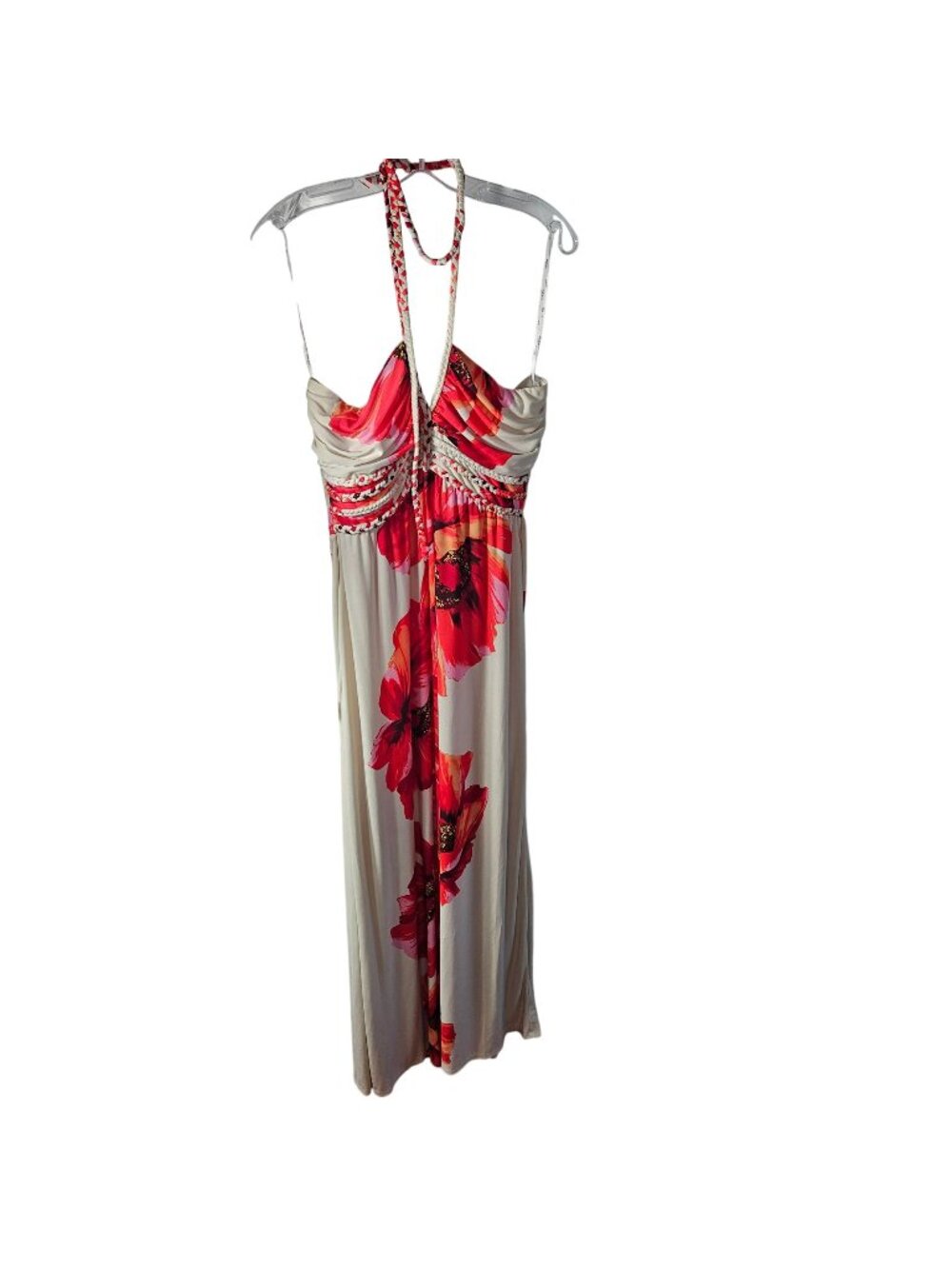 Floral Halter Maxi Dress With Red Poppy Print By Snap Size L Polyester Blend Wom